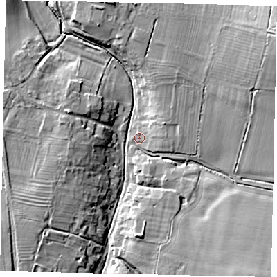 Shaded relief map of the ground around PE85PH, computed from Environment Agency LiDAR. The ground here sits at about 29 m above sea level and falls 15 m across the surrounding 800 m. Surface water reaching this point runs off ground lying to the north-east, 13.1 m higher.
