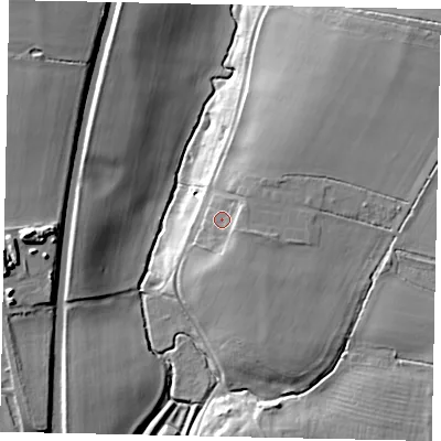 Shaded relief map of the ground around PE85PP, computed from Environment Agency LiDAR. The ground here sits at about 32 m above sea level and falls 20 m across the surrounding 800 m. Surface water reaching this point runs off ground lying to the east-south-east, 3.2 m higher.