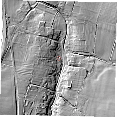 Shaded relief map of the ground around PE85PS, computed from Environment Agency LiDAR. The ground here sits at about 29 m above sea level and falls 14 m across the surrounding 800 m. Surface water reaching this point runs off ground lying to the west-north-west, 7.7 m higher.