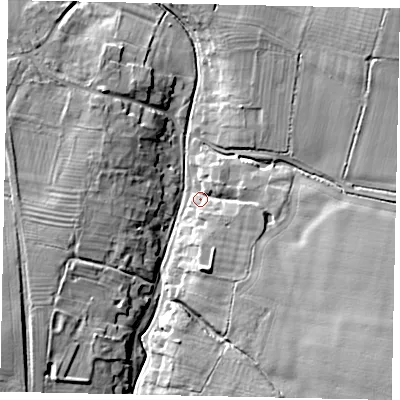 Shaded relief map of the ground around PE85QB, computed from Environment Agency LiDAR. The ground here sits at about 30 m above sea level and falls 14 m across the surrounding 800 m. Surface water reaching this point runs off ground lying to the south-east, 10.9 m higher.