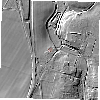 Shaded relief map of the ground around PE85QF, computed from Environment Agency LiDAR. The ground here sits at about 33 m above sea level and falls 14 m across the surrounding 800 m. Surface water reaching this point runs off ground lying to the south-west, 2.2 m higher.