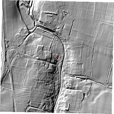 Shaded relief map of the ground around PE85QH, computed from Environment Agency LiDAR. The ground here sits at about 31 m above sea level and falls 14 m across the surrounding 800 m. Surface water reaching this point runs off ground lying to the west, 5.7 m higher.