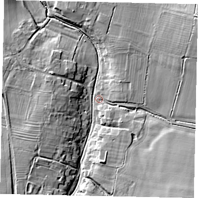 Shaded relief map of the ground around PE85QR, computed from Environment Agency LiDAR. The ground here sits at about 29 m above sea level and falls 15 m across the surrounding 800 m. Surface water reaching this point runs off ground lying to the south-east, 11.1 m higher.