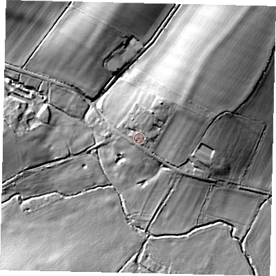 Shaded relief map of the ground around PE85QU, computed from Environment Agency LiDAR. The ground here sits at about 48 m above sea level and falls 26 m across the surrounding 800 m. Surface water reaching this point runs off ground lying to the north-east, 9.3 m higher.
