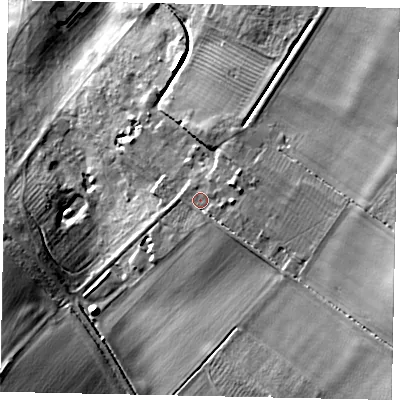 Shaded relief map of the ground around PE85SG, computed from Environment Agency LiDAR. The ground here sits at about 41 m above sea level and falls 21 m across the surrounding 800 m. Surface water reaching this point runs off ground lying to the east-south-east, 10.1 m higher.