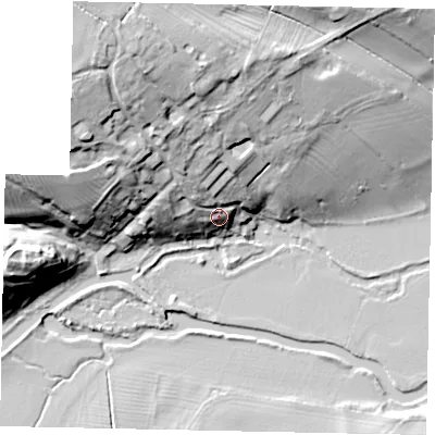 Shaded relief map of the ground around PE85XD, computed from Environment Agency LiDAR. The ground here sits at about 32 m above sea level and falls 29 m across the surrounding 800 m. Surface water reaching this point runs off ground lying to the north-west, 8.6 m higher.