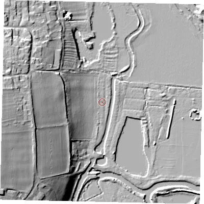 Shaded relief map of the ground around PE86ET, computed from Environment Agency LiDAR. The ground here sits at about 11 m above sea level and falls 23 m across the surrounding 800 m. Surface water reaching this point runs off ground lying to the west, 21.2 m higher.