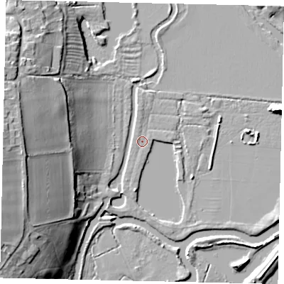 Shaded relief map of the ground around PE86EU, computed from Environment Agency LiDAR. The ground here sits at about 11 m above sea level and falls 20 m across the surrounding 800 m. The ground contributing surface water to this point lies to the north.