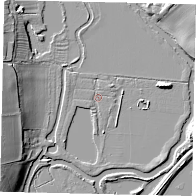Shaded relief map of the ground around PE86FJ, computed from Environment Agency LiDAR. The ground here sits at about 11 m above sea level and falls 16 m across the surrounding 800 m. Surface water reaching this point runs off ground lying to the south, 2.2 m higher.