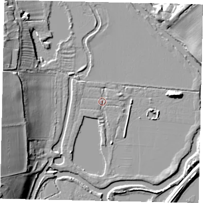 Shaded relief map of the ground around PE86FN, computed from Environment Agency LiDAR. The ground here sits at about 11 m above sea level and falls 16 m across the surrounding 800 m. Surface water reaching this point runs off ground lying to the south-south-east, 2.2 m higher.
