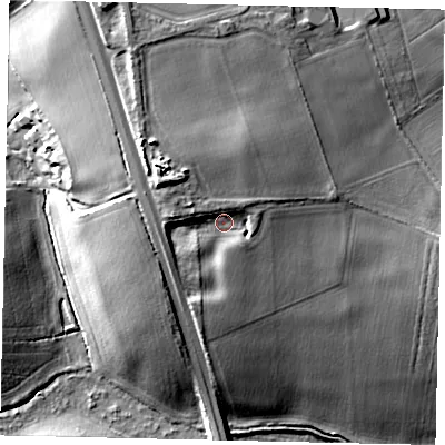 Shaded relief map of the ground around PE86HJ, computed from Environment Agency LiDAR. The ground here sits at about 34 m above sea level and falls 25 m across the surrounding 800 m. Surface water reaching this point runs off ground lying to the north-east, 3.8 m higher.