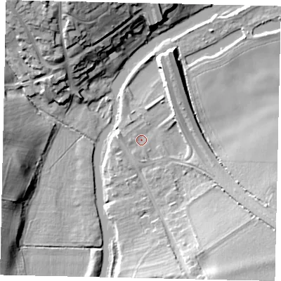 Shaded relief map of the ground around PE86JA, computed from Environment Agency LiDAR. The ground here sits at about 11 m above sea level and falls 20 m across the surrounding 800 m. Surface water reaching this point runs off ground lying to the south-east, 11.3 m higher.