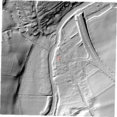 Shaded relief map of the ground around PE86JB, computed from Environment Agency LiDAR. The ground here sits at about 11 m above sea level and falls 18 m across the surrounding 800 m. Surface water reaching this point runs off ground lying to the south-east, 12.4 m higher.