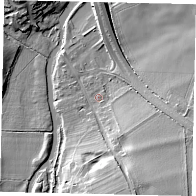 Shaded relief map of the ground around PE86JF, computed from Environment Agency LiDAR. The ground here sits at about 12 m above sea level and falls 17 m across the surrounding 800 m. Surface water reaching this point runs off ground lying to the south-east, 10.0 m higher.
