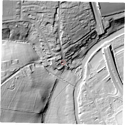 Shaded relief map of the ground around PE86JH, computed from Environment Agency LiDAR. The ground here sits at about 15 m above sea level and falls 27 m across the surrounding 800 m. Surface water reaching this point runs off ground lying to the north-north-west, 21.6 m higher.