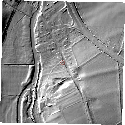 Shaded relief map of the ground around PE86JS, computed from Environment Agency LiDAR. The ground here sits at about 14 m above sea level and falls 18 m across the surrounding 800 m. Surface water reaching this point runs off ground lying to the south-south-east, 14.3 m higher.