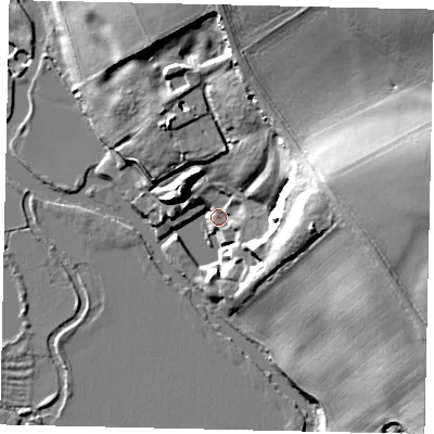 Shaded relief map of the ground around PE86LH, computed from Environment Agency LiDAR. The ground here sits at about 14 m above sea level and falls 28 m across the surrounding 800 m. Surface water reaching this point runs off ground lying to the east, 25.2 m higher.