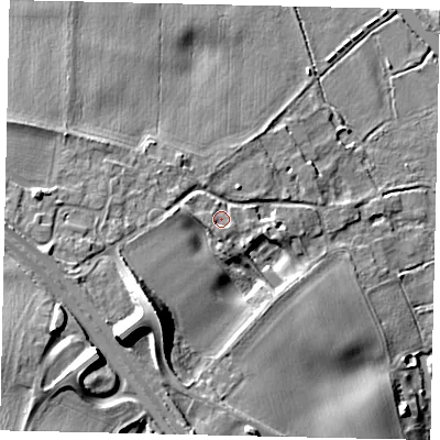 Shaded relief map of the ground around PE86LP, computed from Environment Agency LiDAR. The ground here sits at about 15 m above sea level and falls 19 m across the surrounding 800 m. Surface water reaching this point runs off ground lying to the west-south-west, 2.4 m higher.