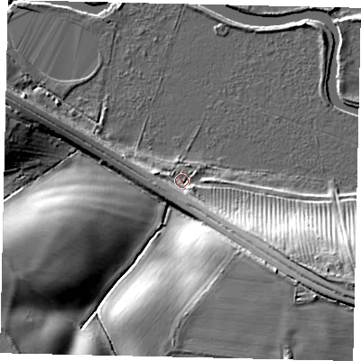 Shaded relief map of the ground around PE86LT, computed from Environment Agency LiDAR. The ground here sits at about 10 m above sea level and falls 17 m across the surrounding 800 m. Surface water reaching this point runs off ground lying to the south-south-east, 4.4 m higher.