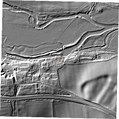 Shaded relief map of the ground around PE86LY, computed from Environment Agency LiDAR. The ground here sits at about 9 m above sea level and falls 17 m across the surrounding 800 m. Surface water reaching this point runs off ground lying to the south-south-west, 1.8 m higher.