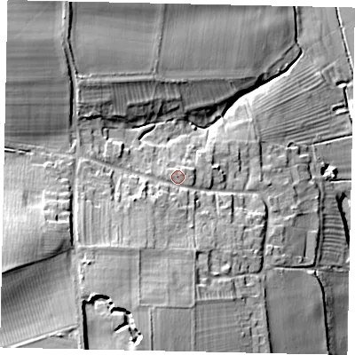 Shaded relief map of the ground around PE86PR, computed from Environment Agency LiDAR. The ground here sits at about 27 m above sea level and falls 34 m across the surrounding 800 m. Surface water reaching this point runs off ground lying to the south-south-west, 4.6 m higher.