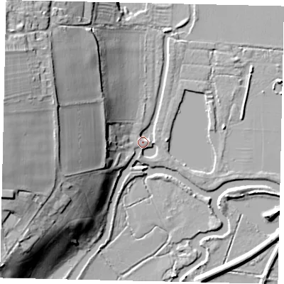 Shaded relief map of the ground around PE86PU, computed from Environment Agency LiDAR. The ground here sits at about 13 m above sea level and falls 23 m across the surrounding 800 m. Surface water reaching this point runs off ground lying to the west, 21.3 m higher.