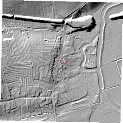 Shaded relief map of the ground around PE86QB, computed from Environment Agency LiDAR. The ground here sits at about 15 m above sea level and falls 17 m across the surrounding 800 m. Surface water reaching this point runs off ground lying to the west, 7.4 m higher.