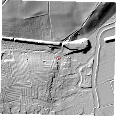 Shaded relief map of the ground around PE86QD, computed from Environment Agency LiDAR. The ground here sits at about 14 m above sea level and falls 25 m across the surrounding 800 m. Surface water reaching this point runs off ground lying to the north-west, 23.0 m higher.