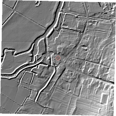 Shaded relief map of the ground around PE86RF, computed from Environment Agency LiDAR. The ground here sits at about 14 m above sea level and falls 20 m across the surrounding 800 m. Surface water reaching this point runs off ground lying to the south-east, 18.8 m higher.