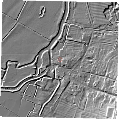Shaded relief map of the ground around PE86RG, computed from Environment Agency LiDAR. The ground here sits at about 14 m above sea level and falls 18 m across the surrounding 800 m. Surface water reaching this point runs off ground lying to the east-south-east, 1.8 m higher.
