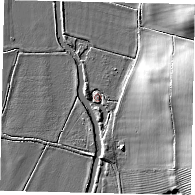 Shaded relief map of the ground around PE86RJ, computed from Environment Agency LiDAR. The ground here sits at about 14 m above sea level and falls 19 m across the surrounding 800 m. Surface water reaching this point runs off ground lying to the east, 2.3 m higher.
