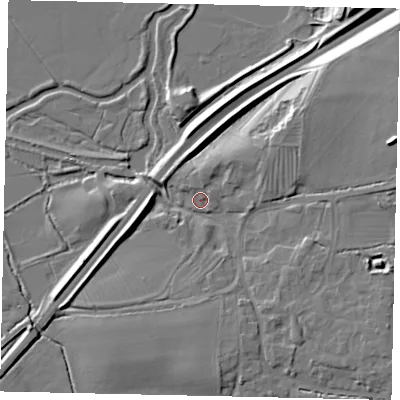 Shaded relief map of the ground around PE86TJ, computed from Environment Agency LiDAR. The ground here sits at about 18 m above sea level and falls 15 m across the surrounding 800 m. Surface water reaching this point runs off ground lying to the north-east, 1.7 m higher.