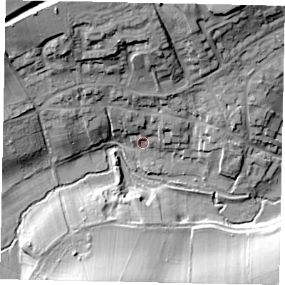 Shaded relief map of the ground around PE86XD, computed from Environment Agency LiDAR. The ground here sits at about 42 m above sea level and falls 33 m across the surrounding 800 m. Surface water reaching this point runs off ground lying to the north-north-west, 28.4 m higher.
