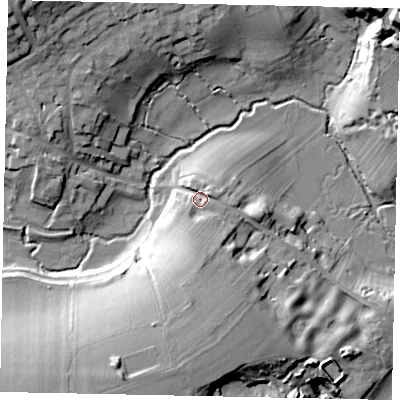 Shaded relief map of the ground around PE86XH, computed from Environment Agency LiDAR. The ground here sits at about 44 m above sea level and falls 26 m across the surrounding 800 m. Surface water reaching this point runs off ground lying to the south, 8.8 m higher.