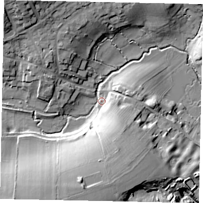 Shaded relief map of the ground around PE86XJ, computed from Environment Agency LiDAR. The ground here sits at about 40 m above sea level and falls 25 m across the surrounding 800 m. Surface water reaching this point runs off ground lying to the south-west, 23.8 m higher.