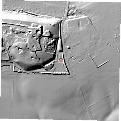 Shaded relief map of the ground around PE86XX, computed from Environment Agency LiDAR. The ground here sits at about 84 m above sea level and falls 35 m across the surrounding 800 m. Surface water reaching this point runs off ground lying to the north-west, 19.9 m higher.