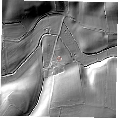 Shaded relief map of the ground around PE86XY, computed from Environment Agency LiDAR. The ground here sits at about 48 m above sea level and falls 24 m across the surrounding 800 m. Surface water reaching this point runs off ground lying to the south, 16.0 m higher.