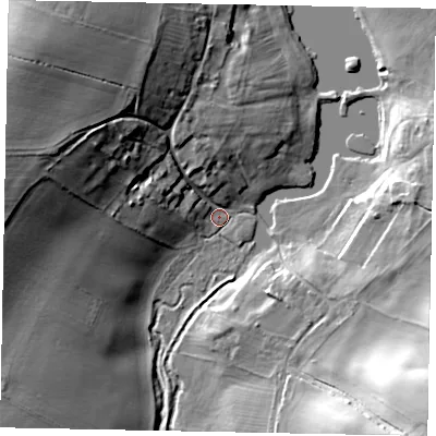Shaded relief map of the ground around PE86YW, computed from Environment Agency LiDAR. The ground here sits at about 53 m above sea level and falls 31 m across the surrounding 800 m. Surface water reaching this point runs off ground lying to the north-west, 29.4 m higher.