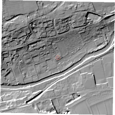 Shaded relief map of the ground around PE92AU, computed from Environment Agency LiDAR. The ground here sits at about 23 m above sea level and falls 24 m across the surrounding 800 m. Surface water reaching this point runs off ground lying to the north-west, 6.6 m higher.