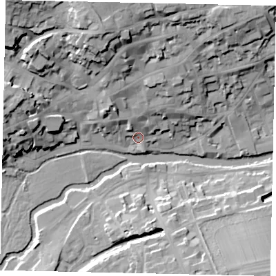 Shaded relief map of the ground around PE92DP, computed from Environment Agency LiDAR. The ground here sits at about 24 m above sea level and falls 27 m across the surrounding 800 m. Surface water reaching this point runs off ground lying to the north-north-west, 23.6 m higher.