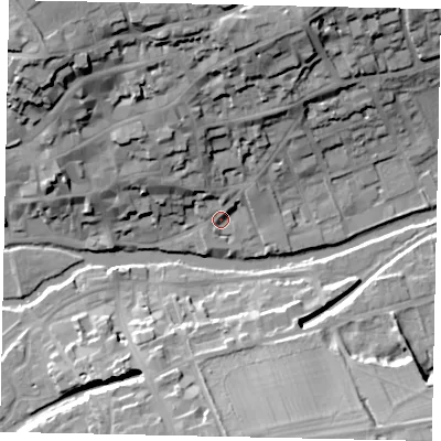 Shaded relief map of the ground around PE92DU, computed from Environment Agency LiDAR. The ground here sits at about 23 m above sea level and falls 26 m across the surrounding 800 m. Surface water reaching this point runs off ground lying to the north, 18.1 m higher.