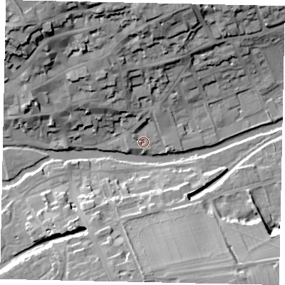 Shaded relief map of the ground around PE92DX, computed from Environment Agency LiDAR. The ground here sits at about 22 m above sea level and falls 26 m across the surrounding 800 m. Surface water reaching this point runs off ground lying to the north-north-east, 3.4 m higher.