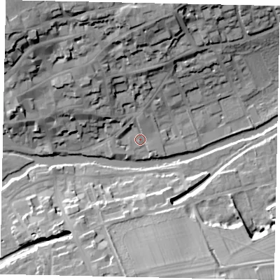 Shaded relief map of the ground around PE92EA, computed from Environment Agency LiDAR. The ground here sits at about 23 m above sea level and falls 26 m across the surrounding 800 m. Surface water reaching this point runs off ground lying to the north, 3.2 m higher.