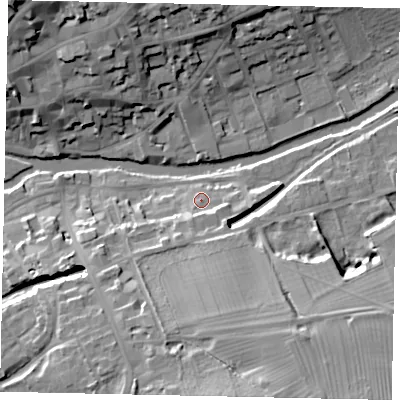 Shaded relief map of the ground around PE92EE, computed from Environment Agency LiDAR. The ground here sits at about 24 m above sea level and falls 22 m across the surrounding 800 m. Surface water reaching this point runs off ground lying to the south, 18.8 m higher.