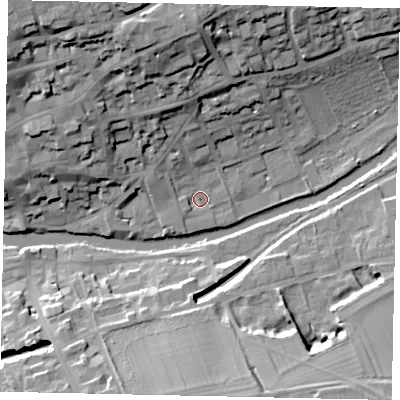 Shaded relief map of the ground around PE92EF, computed from Environment Agency LiDAR. The ground here sits at about 22 m above sea level and falls 24 m across the surrounding 800 m. Surface water reaching this point runs off ground lying to the north, 6.7 m higher.