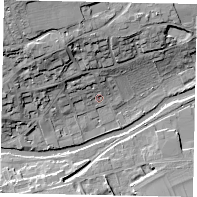 Shaded relief map of the ground around PE92EP, computed from Environment Agency LiDAR. The ground here sits at about 24 m above sea level and falls 26 m across the surrounding 800 m. Surface water reaching this point runs off ground lying to the north-north-west, 5.9 m higher.