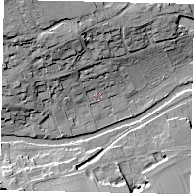 Shaded relief map of the ground around PE92EQ, computed from Environment Agency LiDAR. The ground here sits at about 23 m above sea level and falls 25 m across the surrounding 800 m. Surface water reaching this point runs off ground lying to the north-west, 22.2 m higher.