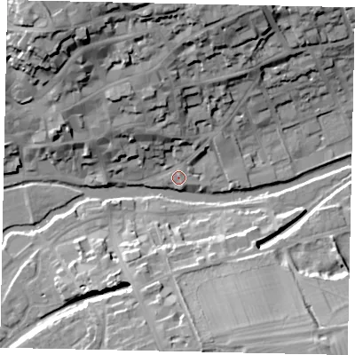 Shaded relief map of the ground around PE92EZ, computed from Environment Agency LiDAR. The ground here sits at about 22 m above sea level and falls 26 m across the surrounding 800 m. Surface water reaching this point runs off ground lying to the north, 19.2 m higher.