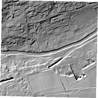 Shaded relief map of the ground around PE92FJ, computed from Environment Agency LiDAR. The ground here sits at about 22 m above sea level and falls 23 m across the surrounding 800 m. Surface water reaching this point runs off ground lying to the south, 16.4 m higher.
