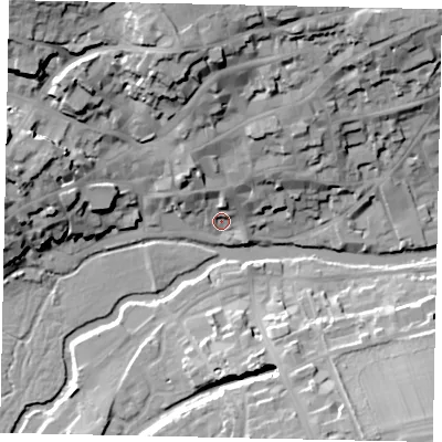 Shaded relief map of the ground around PE92HQ, computed from Environment Agency LiDAR. The ground here sits at about 23 m above sea level and falls 27 m across the surrounding 800 m. Surface water reaching this point runs off ground lying to the north-north-west, 24.0 m higher.